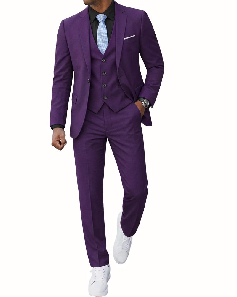 YND Men's 3 Piece Slim Fit Suit, One Button Solid Jacket Vest Pants Set with Tie, for Wedding Party Proms and Business, Deep Purple - Image 1